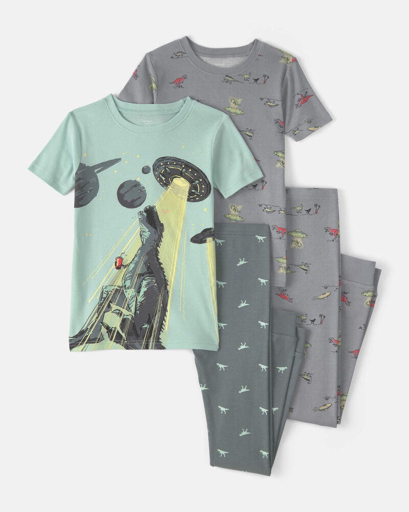 Boys Dinosaur 100% Cotton Snug Fit 4-Piece Pajama Set - Green/Grey, image 1 of 5 slides