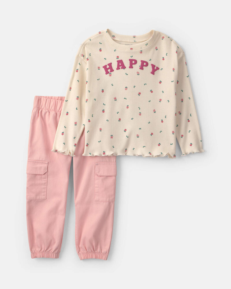 Baby Girl 2-Piece 'Happy' Twill Long-Sleeve Top & Pant Set - Pink/Cream, image 1 of 7 slides