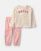 Baby Girl 2-Piece 'Happy' Twill Long-Sleeve Top & Pant Set - Pink/Cream, image 1 of 7 slides