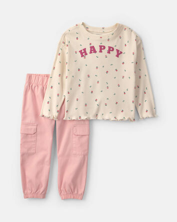 Baby Girl 2-Piece 'Happy' Twill Long-Sleeve Top & Pant Set - Pink/Cream, 