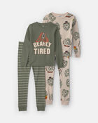Boys 4-Piece 'Bearly Tired' 100% Cotton Snug Fit Pyjama Set - Green/Cream, image 1 of 5 slides