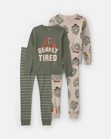 Boys 4-Piece 'Bearly Tired' 100% Cotton Snug Fit Pyjama Set - Green/Cream, 