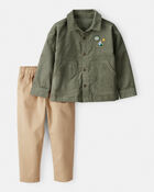 Toddler Boy 2-Piece Button-Front Top & Pant Set - Green/Khaki, image 1 of 6 slides
