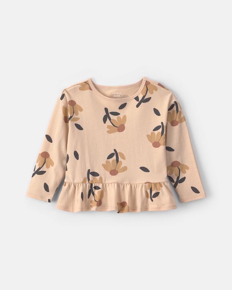 Toute-petite fille - Haut p&eacute;plum manches longues en motif floral - Beige, image 1 sur 2 diapositives