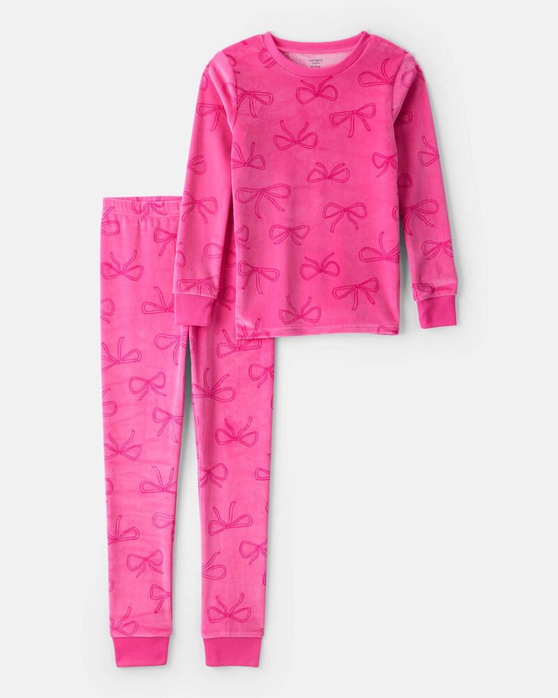 Girls Bow Print DreamPlush Long-Sleeve Snug Fit 2-Piece Pyjamas - Pink, image 1 of 3 slides