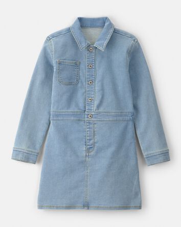 Girls Button-Front Long-Sleeve Denim Dress - Blue, 