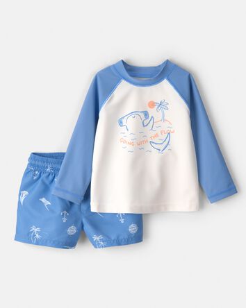 B&eacute;b&eacute; gar&ccedil;on - Ensemble 2 pi&egrave;ces haut dermoprotecteur et maillot &agrave; motif requin - Bleu/Blanc, 