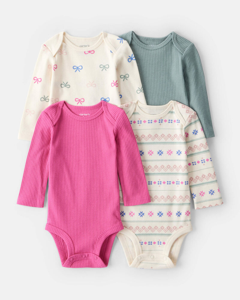 Baby Girl 4-Pack Bow Print Long-Sleeve Multipack Bodysuits - Blue/Pink/White, image 1 of 6 slides
