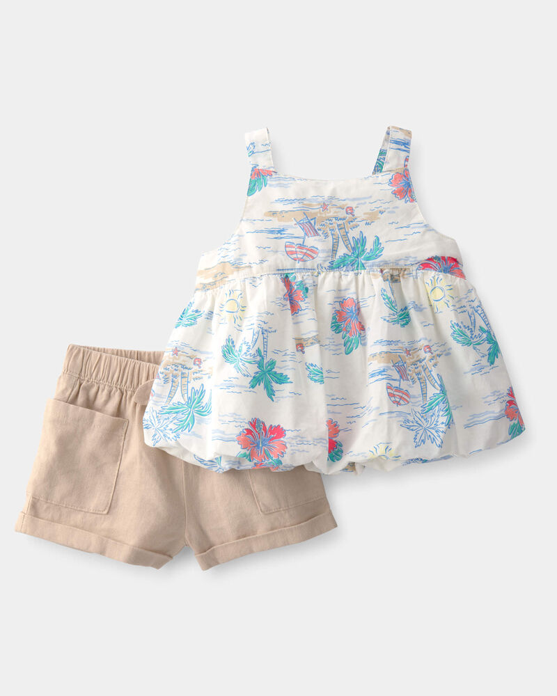 B&eacute;b&eacute; fille - Ensemble 2 pi&egrave;ces haut sans manches et short, palmier tropical &ndash; Brun/Blanc, image 1 sur 4 diapositives