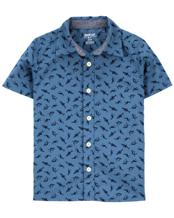 Shark Print Button-Front Short Sleeve Shirt, 