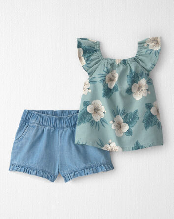 B&eacute;b&eacute; fille - Ensemble 2 pi&egrave;ces haut et short en chambray avec coton biologique &agrave; motif hibiscus - Bleu, 