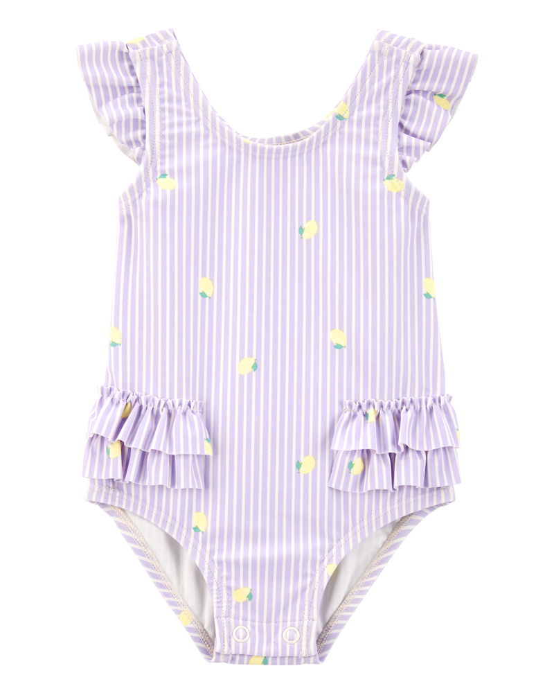 Baby Girl 1-Piece Striped Lemon Ruffle Swimsuit - Purple, image 1 of 6 slides