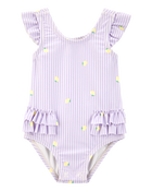 Baby Girl 1-Piece Striped Lemon Ruffle Swimsuit - Purple, image 1 of 6 slides