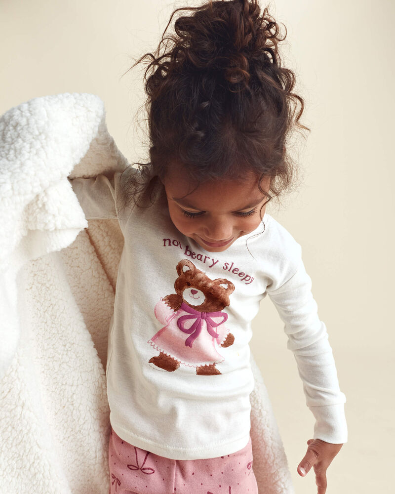 Toddler Girl 4-Piece Bear Varsity 100% Cotton Snug Fit Pyjama Set - Pink/Cream, image 3 of 7 slides
