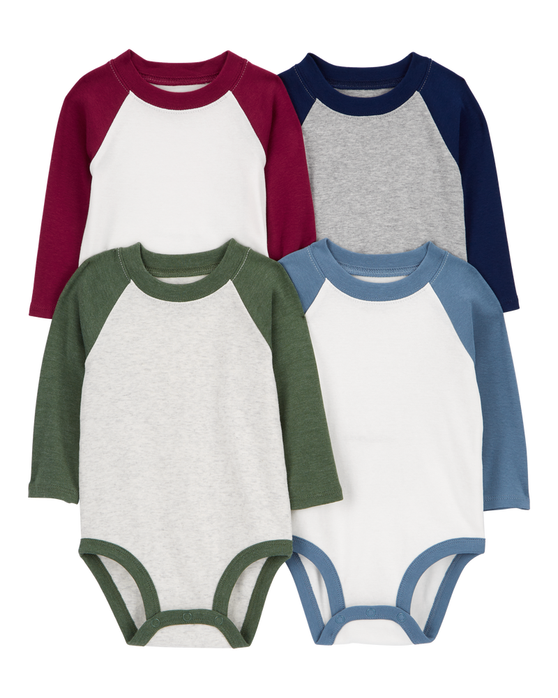 Baby 4-Piece Long-Sleeve Raglan Bodysuits, image 1 of 6 slides