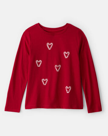 Girls Candy Cane Heart Print Long-Sleeve Graphic Tee - Red, 