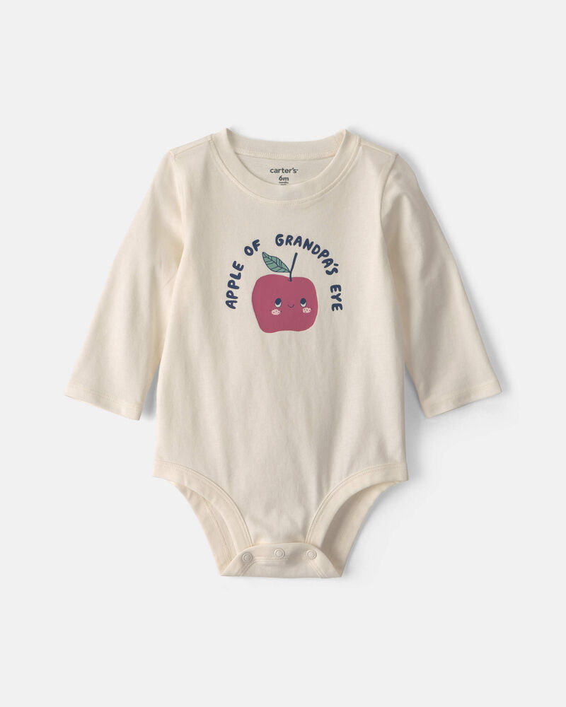 Baby 'Apple Of Grandpa's Eye' Apple Long-Sleeve Graphic Bodysuit - Cream, image 1 of 3 slides