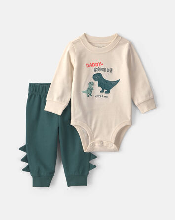 Baby Boy 2-Piece 'Daddy-saurus Loves Me' Long-Sleeve Bodysuit & Pant Set - Green/Cream, 