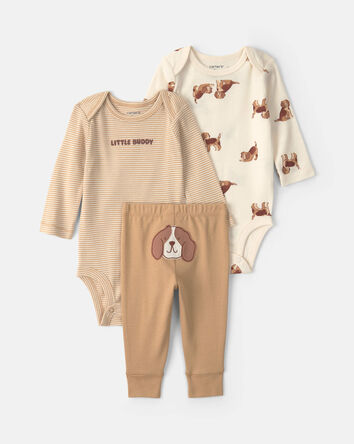 Baby Boy 3-Piece Dog Long-Sleeve Bodysuit & Pant Set - Brown/Cream, 