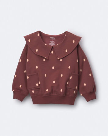 Toddler Girl Peter Pan Collar Pullover with Otter Pockets in Polka Dots - Burgundy, 