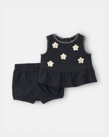 Baby Girl 2-Piece Floral Applique Top & Short Set - Black, 