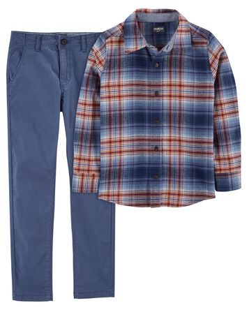 Kid 2-Piece Flannel Button-Front Shirt & Chino Pants Set, 