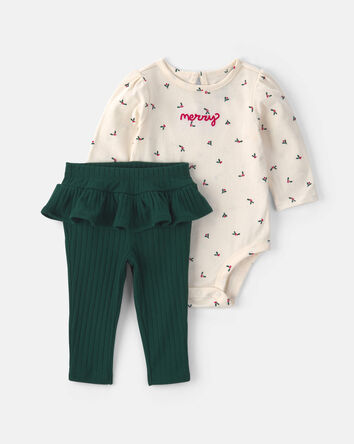 Baby Girl 2-Piece 'Merry' Long-Sleeve Bodysuit & Pant Set - Cream/Green, 