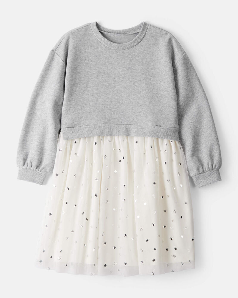 Girls Metallic Star Long-Sleeve Tulle Dress - Grey, image 1 of 4 slides