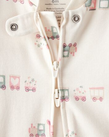 Baby Girl Train Print 100% Cotton Long-Sleeve Snug Fit Sleeper- White, 
