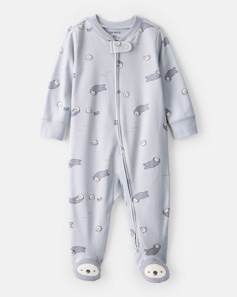 B&eacute;b&eacute; - Grenouill&egrave;re ajust&eacute;e &agrave; manches longues en coton 100 % imprim&eacute; &ndash; Bleu, image 1 sur 4 diapositives