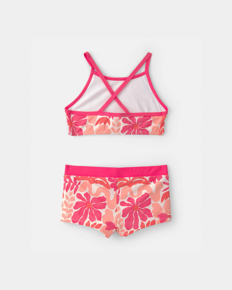 Girls 3-Piece Floral Long-Sleeve Rashguard Swimsuit Set - Pink/Orange, image 3 of 5 slides