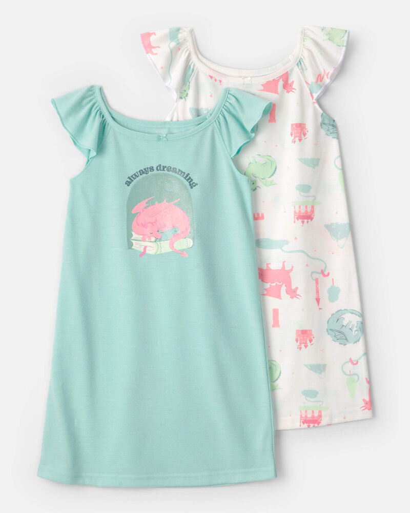 Girls 2-Pack Fairy Tale Dragon Loose Fit Nightgown - Blue/Ivory, image 1 of 5 slides