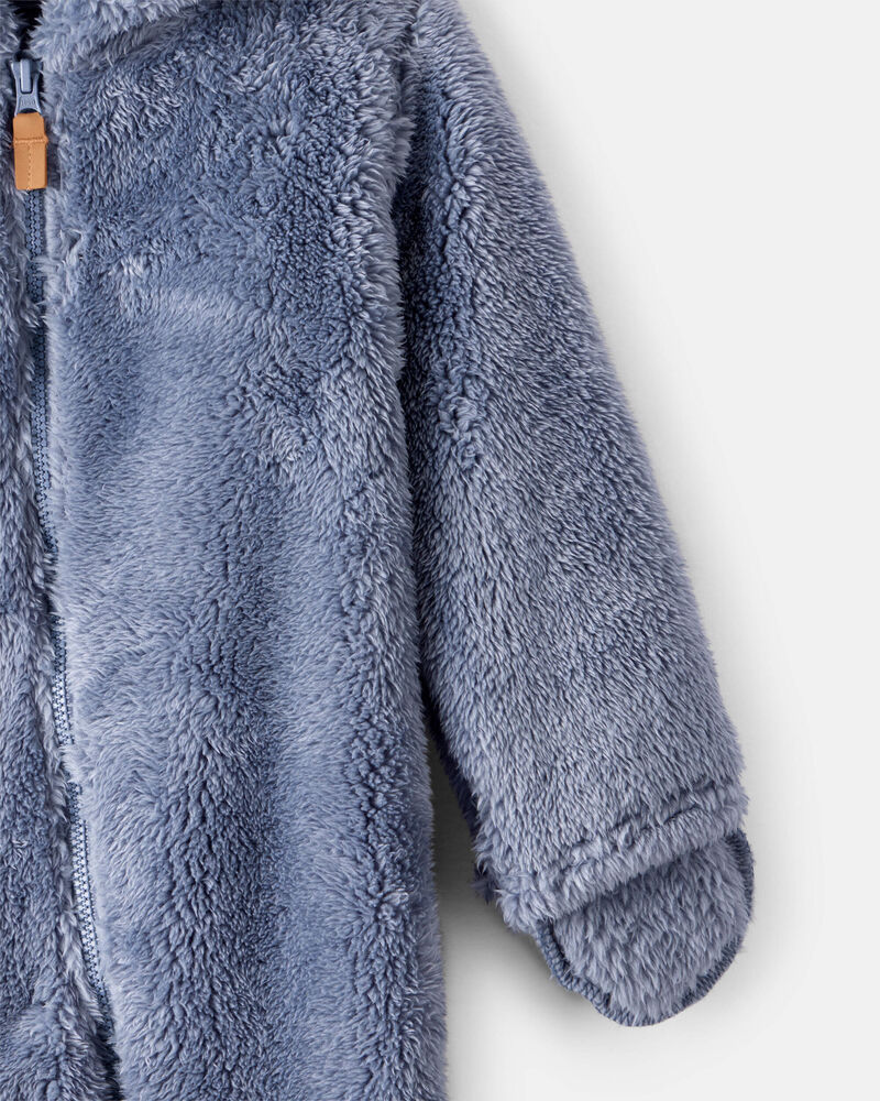 Baby Boy Sherpa Long-Sleeve Hooded Jumpsuit - Blue, image 2 of 4 slides
