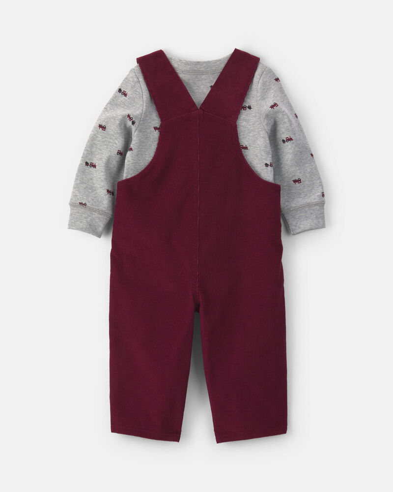 Baby Boy 2-Piece Holiday Corduroy Long-Sleeve Overall Set - Burgundy/Grey, image 2 of 6 slides