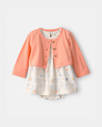 B&eacute;b&eacute; fille - Ensemble 2 pi&egrave;ces cardigan et robe cache-couche, plage - Orange/Ivoire , 