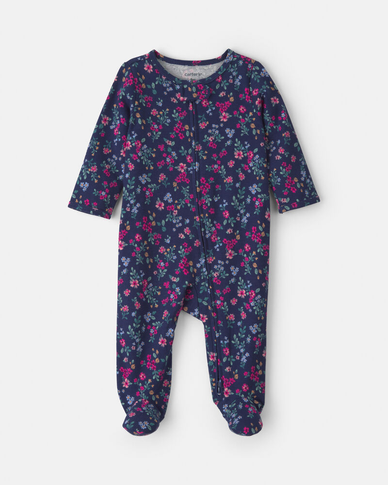 Baby Girl Floral 100% 2-Way Zip Cotton Sleeper - Navy, image 1 of 6 slides
