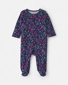 Baby Girl Floral 100% 2-Way Zip Cotton Sleeper - Navy, image 1 of 6 slides