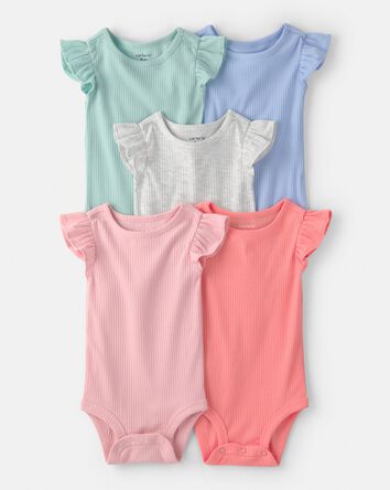 Baby Girl 5-Pack Ruffle-Sleeve Multipack Bodysuits - Pink/Blue/Green, 