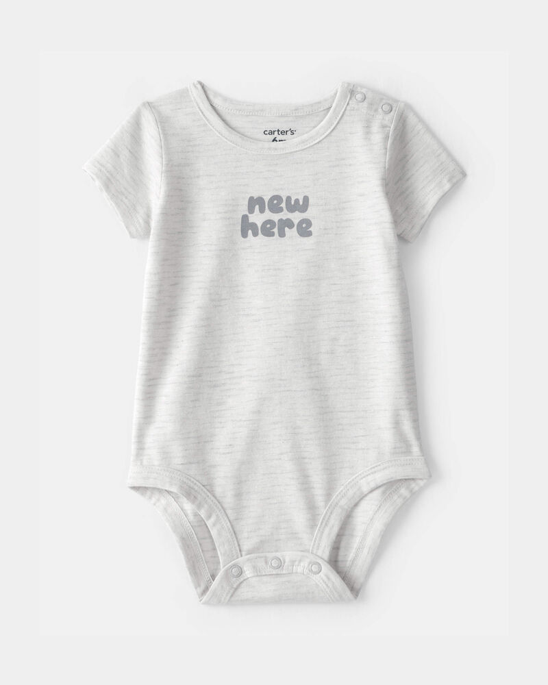 Baby 'New Here' Graphic Bodysuit - Grey, image 1 of 3 slides