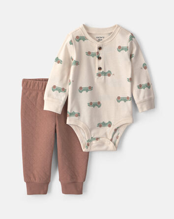 B&eacute;b&eacute; gar&ccedil;on - Ensemble 2 pi&egrave;ces cache-couche manches longues et pantalon &agrave; motif voiture &ndash; Brun/Cr&egrave;me, 