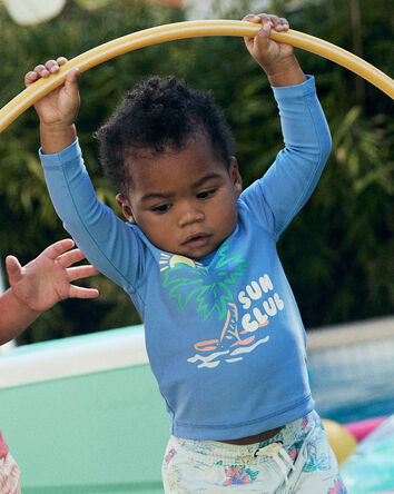 B&eacute;b&eacute; gar&ccedil;on - Ensemble 2 pi&egrave;ces maillot dermoprotecteur &agrave; manches longues, plage tropicale  - Bleu, 