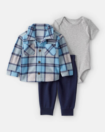 Baby Boy 3-Piece Plaid Shacket Outfit Set - Blue/Grey, 