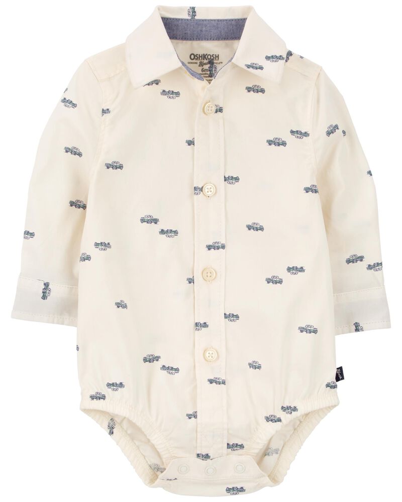 Baby White Truck Print Button-Front Bodysuit, image 2 of 4 slides