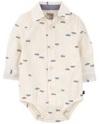 Baby White Truck Print Button-Front Bodysuit, image 2 of 4 slides