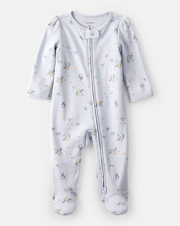 Baby Girl Unicorn Star Print 100% Cotton Long-Sleeve 2-Way Zip Sleeper - Blue, 