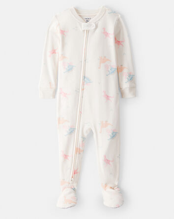 Toddler Girl Dinosaur Print 100% Cotton Long-Sleeve 2-Way Zip 1-Piece Pyjamas - White, 