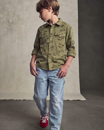Boys Western Canvas Button-Down Shirt - Olive Green, 