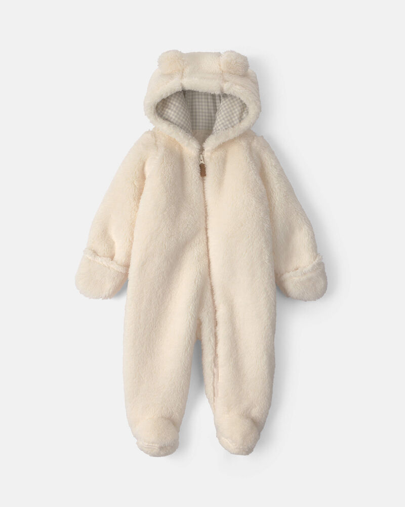 Baby Bear Teddy Fleece Long-Sleeve Jumpsuit - Cream, image 1 of 5 slides