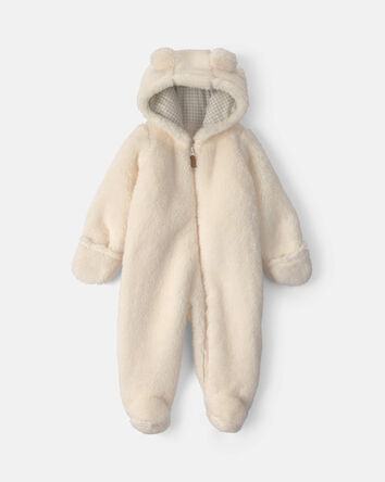 Baby Bear Teddy Fleece Long-Sleeve Jumpsuit - Cream, 