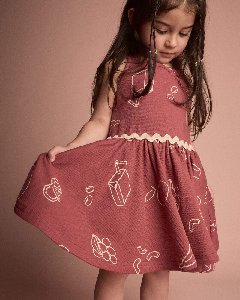 Toddler Girl Ric-Rac Crossover Dress in Snack Print  - Red, image 1 of 6 slides